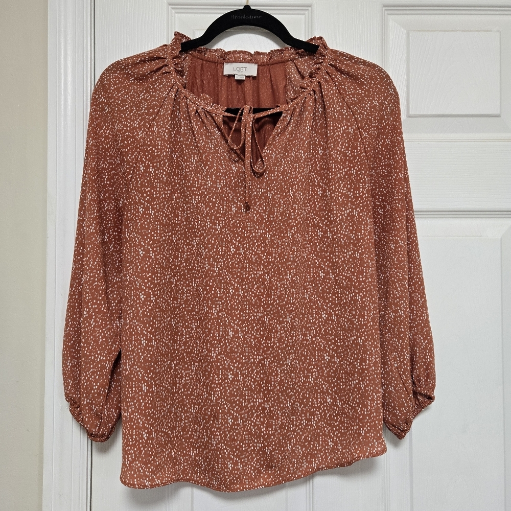 Loft Womens Burnt Orange Polka Dot Tasseled Chiffon Blouse Size Small